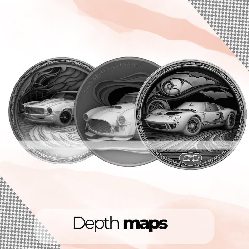 Map Coin Design Classic Cars Coin Depth Map Bundle: 3D Depth Maps for Laser Engraving ...