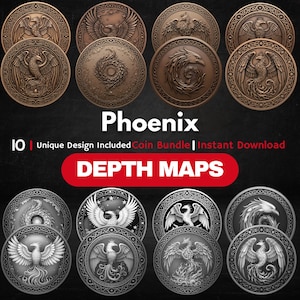 Phoenix Coin Depth Map Bundle: 3D Depth Maps for Laser Engraving (PNG + Depthmaps)