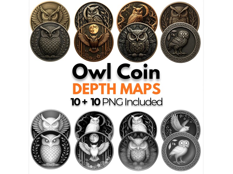 Owl Coin Depth Map Bundle: 3D Depth Maps for Laser Engraving (PNG ...
