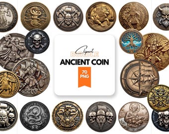 Bundle de cliparts pièces de monnaie anciennes : dessins pirates et vikings (70 fichiers PNG)