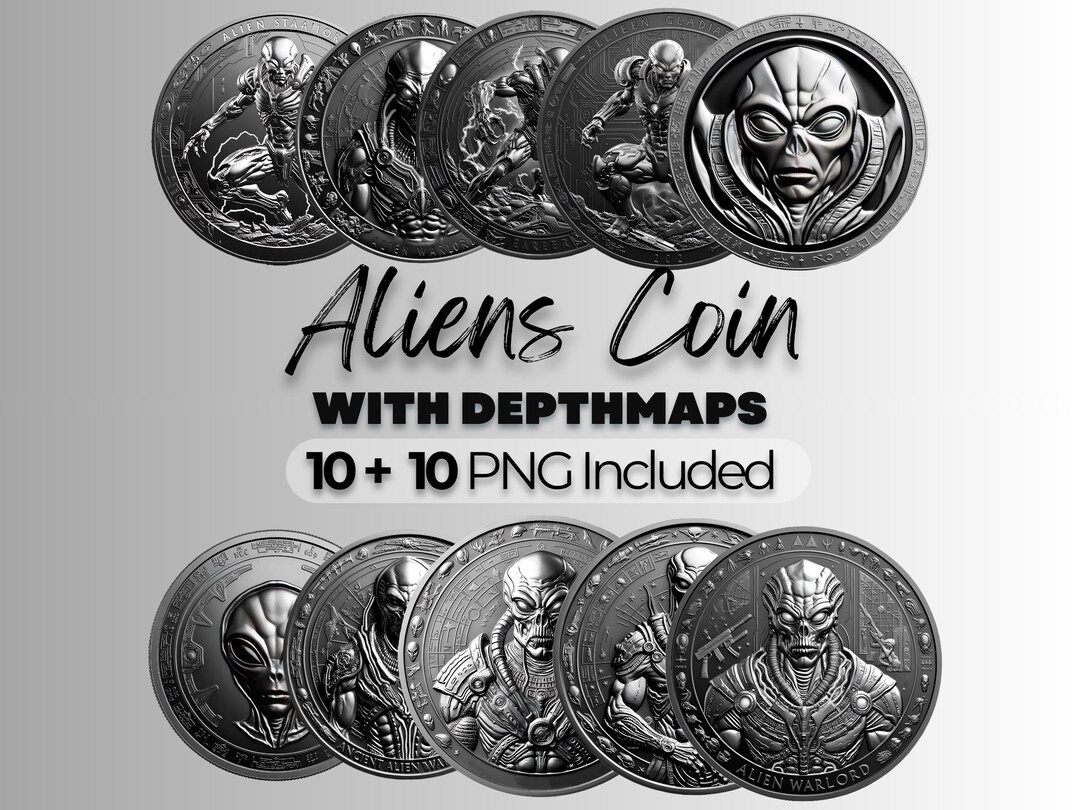 Alien Coin Laser Bundle 3d Embossing Files Aliens PNG Grayscale Coin ...
