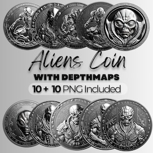 Alien Coin Laser Bundel 3D-reliëfbestanden Aliens PNG Grijswaarden muntdieptekaart Xenomorph Fiber Laser Predator munthoogte kaart Laserdieptekaart