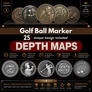May include: A collection of golf ball markers with various designs, including a golfer, a golf club, and the words "Hole in One" and "Golf Master." The markers are bronze-colored and feature intricate detailing. The image also includes text about depth maps and engraving.