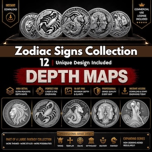 Könnte beinhalten: Eine Sammlung silberfarbener Tierkreiszeichen-Designs, darunter Löwe, Skorpion und Steinbock, auf schwarzem Hintergrund. Das Bild enthält den Text "Zodiac Signs Collection" und "Depth Maps". Die Designs sind für die Lasergravur bestimmt.