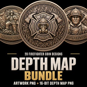 May include: A collection of three circular bronze-toned firefighter coins featuring embossed imagery of firefighters, helmets, axes, and flames. The text reads 20 FIREFIGHTER COIN DESIGNS DEPTH MAP BUNDLE ARTWORK PNG + 16-BIT DEPTH MAP PNG.