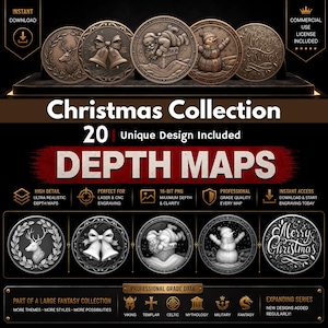 May include: A collection of Christmas-themed designs, including a deer, bells, Santa Claus, a snowman, and "Merry Christmas" text. The image also includes the text "Christmas Collection" and "Depth Maps".