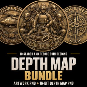 May include: A collection of three circular bronze-toned coins featuring search and rescue imagery, including a helicopter, a team of four personnel with rope and carabiner, and a compass with a medical star. Text reads 10 SEARCH AND RESCUE COIN DESIGNS.