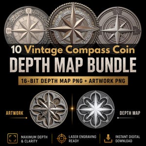 Vintage Compass Coin Depth Map Bundle: 3D Depth Maps for Laser Engraving (PNG + Depthmaps)