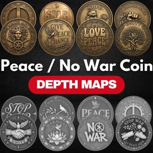 May include: A selection of bronze and silver coins with peace-related imagery and text. The coins display phrases such as "Make Art Not War," "Give Peace a Chance," and "Love Peace." The image also includes the text "Peace / No War Coin."