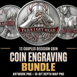 May include: A set of three circular silver-toned coins featuring relief engravings of figures and the text TAILS I GET HEAD. The central coin shows a hand on a head, while the side coins show figures with long hair and banners.