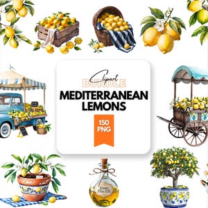 Mediterranean Lemon Clipart Bundle Watercolor Lemon Clipart Lemon PNG Bundle Watercolor Citrus Sea Breeze Clipart Main Squeeze Baby Shower
