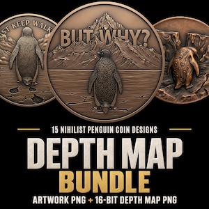 May include: A digital collection of 15 circular bronze-toned coin designs featuring relief illustrations of penguins in various landscapes. The central coin displays a penguin standing before mountains with the text BUT WHY? and the title DEPTH MAP BUNDLE.