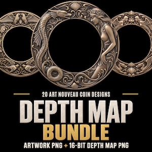 Puede incluir: Una colección digital titulada 20 ART NOUVEAU COIN DESIGNS DEPTH MAP BUNDLE ARTWORK PNG + 16-BIT DEPTH MAP PNG que presenta tres marcos circulares en tonos bronce con relieves de un dragón, una figura femenina, aves y conchas marinas.