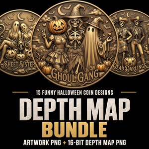 Può includere: Una collezione digitale di 15 design di monete circolari di Halloween con illustrazioni in rilievo di scheletri, fantasmi e zucche. La moneta centrale mostra il testo GHOUL GANG, mentre altre mostrano SHEET SISTERS e DEAD DARLINGS. L'immagine include il testo 15 FUNNY HALLOWEEN COIN DESIGNS DEPTH MAP BUNDLE ARTWORK PNG + 16-BIT DEPTH MAP PNG.