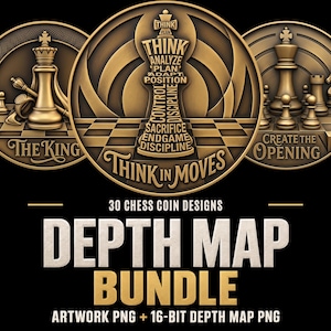 Könnte beinhalten: Eine digitale Sammlung von 30 Schachmünzdesigns mit goldfarbenen runden Medaillons, geprägten Schachfiguren und Texten wie The King, Think In Moves und Create The Opening, präsentiert als Tiefenkarten-Paket mit PNG-Dateien.