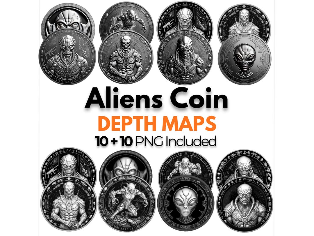 Alien Coin Depth Map Bundle: 3D Sci-fi Depth Maps for Laser Engraving ...
