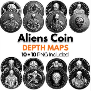 Alien Coin Depth Map Pack: 3D Sci-Fi Depth Maps for Laser Engraving (PNG + Depthmaps)