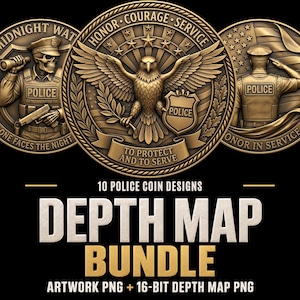 Puede incluir: Una colección digital de 10 diseños de monedas policiales con emblemas circulares en tono bronce, con imágenes en relieve de águilas, agentes de policía y banderas estadounidenses. El texto incluye "Honor, Courage, Service" y "To Protect and to Serve".