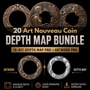 Art Nouveau Coin Frame Depth Map Bundle: 3D Embossing Depth Maps for Laser Engraving