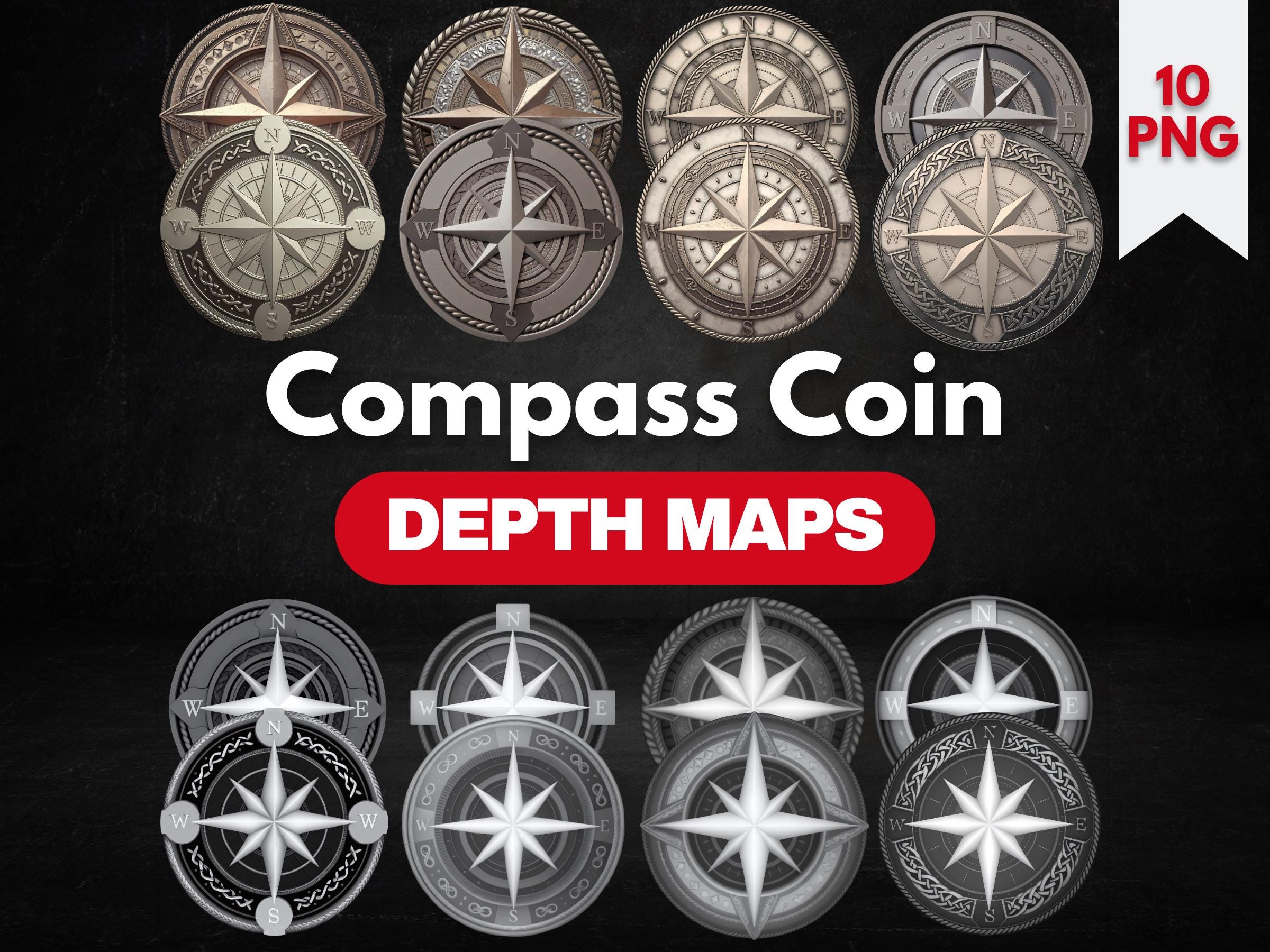 ヴィンテージコンパスコイン深度マップバンドル：レーザー彫刻用 3D 深度マップ（PNG + 深度マップ） - Etsy 日本