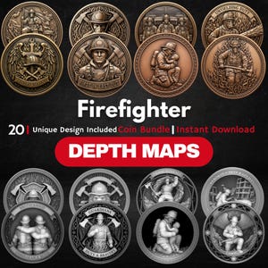 Firefighter Coin Depth Map Bundle: 3D Depth Maps for Laser Engraving (PNG + Depthmaps)