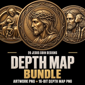 May include: A digital bundle of 20 Jesus coin designs featuring bronze-toned circular reliefs. The central image shows a profile of Jesus wearing a crown of thorns, flanked by two other circular reliefs depicting Jesus with a child and a lamb.