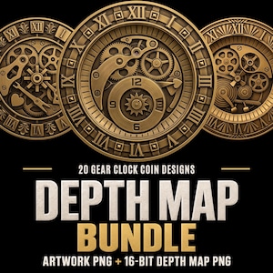 Könnte beinhalten: Eine Sammlung von 20 Zahnrad-Uhr-Münzdesigns mit detaillierten metallischen Bronzeschaltgetrieben und römischen Zifferblättern. Der Text lautet 20 GEAR CLOCK COIN DESIGNS DEPTH MAP BUNDLE ARTWORK PNG + 16-BIT DEPTH MAP PNG auf schwarzem Grund.