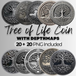 Baum des Lebens Münze PNG Bündel Lasergravur Tiefenkarten Baum des Lebens Laserschnitt PNG Laserbrennen Laser Tiefe Karte Baum des Lebens Laser Coin Bundle