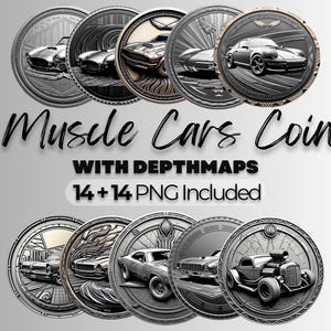 Classic Cars Münze PNG Bundle Messingmünze Laserschnitt Vorlage Laser Coin Bundle Tiefenkarten 3D Tiefenkarte für die Lasergravur Laser Tiefenkarte