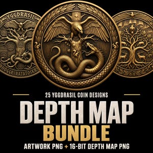 以下が含まれることがあります： Yggdrasil、ワシ、ヘビ、シカの複雑なレリーフ彫刻が施された3枚のブロンズ調の円形コイン。テキストには「25 YGGDRASIL COIN DESIGNS DEPTH MAP BUNDLE ARTWORK PNG + 16-BIT DEPTH MAP PNG」と黒い背景に記されています。