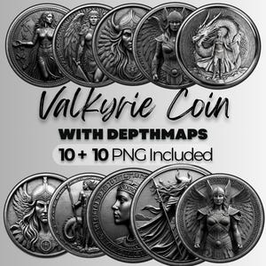 Ensemble de pièces de monnaie Valkyrie Viking PNG, carte de profondeur laser, carte de la profondeur 3D Vikings en relief, pièce de monnaie complexe de la mythologie nordique, gravure laser 3D