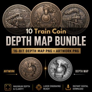 Vintage Train Coin Depth Map Bundle: 3D Depth Maps for Laser Engraving (PNG + Depthmaps)