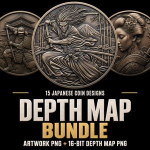 May include: A digital collection titled 15 JAPANESE COIN DESIGNS DEPTH MAP BUNDLE ARTWORK PNG + 16-BIT DEPTH MAP PNG. The image displays three circular bronze-toned medallions featuring relief carvings of a samurai, a warrior, and a geisha.