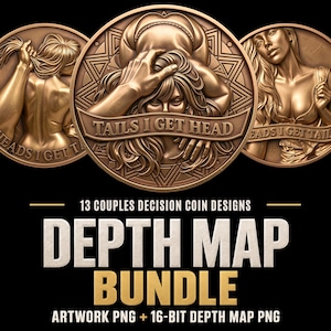 Op de afbeelding: Een verzameling van drie ronde, bronskleurige munten met reliëfontwerpen van figuren en de tekst TAILS I GET HEAD. Onder de munten staat de tekst 13 COUPLES DECISION COIN DESIGNS DEPTH MAP BUNDLE ARTWORK PNG + 16-BIT DEPTH MAP PNG.