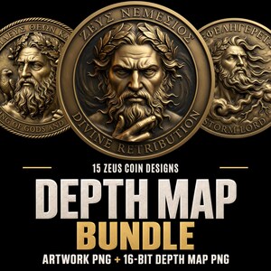 Könnte beinhalten: Drei kreisförmige Medaillons in Bronzetönen mit Reliefporträts von Zeus mit Lorbeerkränzen und griechischen Inschriften. Der Text lautet 15 ZEUS COIN DESIGNS DEPTH MAP BUNDLE ARTWORK PNG + 16-BIT DEPTH MAP PNG vor einem schwarzen Hintergrund.