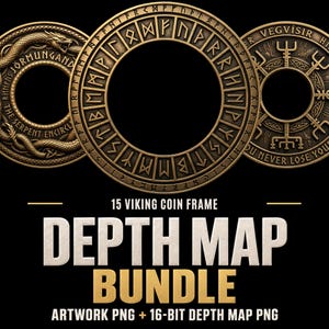 Könnte beinhalten: Drei kreisförmige Rahmen in Bronzetönen mit Wikinger-inspirierten Motiven, darunter eine Schlange, das Runenalphabet und das Vegvisir-Symbol. Der Text lautet 15 VIKING COIN FRAME DEPTH MAP BUNDLE ARTWORK PNG + 16-BIT DEPTH MAP PNG auf schwarzem Grund.