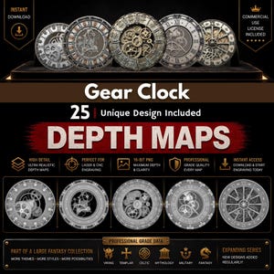May include: A digital product featuring six gear clock designs with Roman numerals and intricate mechanical details. The image includes the text "Gear Clock" and "Depth Maps", with additional text indicating laser engraving and instant download.