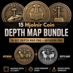 Thor Hammer Mjolnir Coin Depth Map Bundle: 3D Relief Depth Maps for Laser Engraving