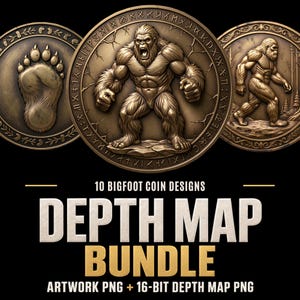 May include: A digital collection of 10 Bigfoot coin designs featuring bronze-toned circular medallions with embossed imagery of a creature, a footprint, and runic borders. The text reads 10 BIGFOOT COIN DESIGNS DEPTH MAP BUNDLE ARTWORK PNG + 16-BIT DEPTH MAP PNG.