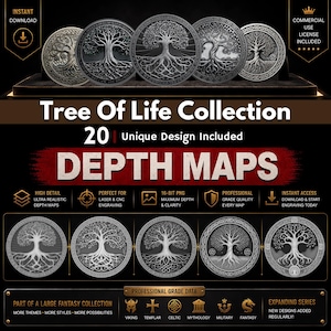 Peut inclure: Une collection de motifs argentés de l'Arbre de Vie. L'image comprend le texte "Tree of Life Collection" et "Depth Maps". Les motifs conviennent à la gravure laser et CNC. L'image comprend également le texte "Instant Download".