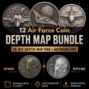 Air Force Coin Depth Map Bundle: Grayscale PNG 3D Relief for CNC & Laser Engraving