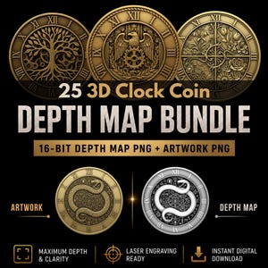 3D Clock Depthmap For Coin Engraving: Laser Engraving and CNC Relief (PNG)