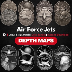 Mapa de profundidad de monedas de la Fuerza Aérea: Relieve 3D PNG en escala de grises para grabado CNC y láser