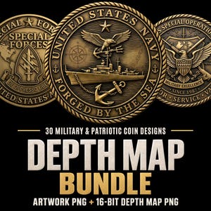 Könnte beinhalten: Drei kreisförmige, bronzefarbene militärische Herausforderungsmünzen mit geprägten Motiven der US Navy, der Special Forces und des Special Operations Command, dargestellt über dem Text 30 MILITARY & PATRIOTIC COIN DESIGNS DEPTH MAP BUNDLE.
