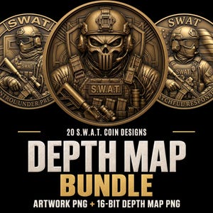 Könnte beinhalten: Eine digitale Sammlung von 20 S.W.A.T. Münzdesigns mit Reliefdarstellungen taktischer Beamter in Helmen und Totenkopfmasken mit Gewehren. Der Text lautet 20 S.W.A.T. COIN DESIGNS DEPTH MAP BUNDLE ARTWORK PNG + 16-BIT DEPTH MAP PNG auf schwarzem Grund.