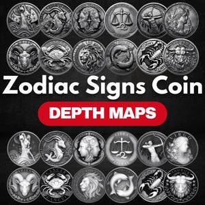 Pacchetto mappe di profondità delle monete dei segni zodiacali: mappe di profondità 3D per incisione laser (PNG + mappe di profondità)