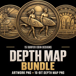 Puede incluir: Una colección digital de 15 diseños de monedas circulares en tonos bronce con escenas de surf en relieve. Los gráficos incluyen una furgoneta con señales de playa, dos personas con tablas de surf y un logo de club, etiquetado 15 SURFER COIN DESIGNS.