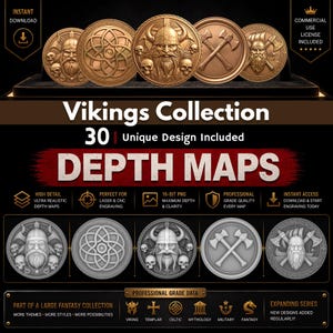 May include: A collection of Viking-themed depth maps, featuring detailed designs of Viking warriors, axes, and intricate patterns. The image includes the text "Vikings Collection" and "Depth Maps", with a commercial use license.