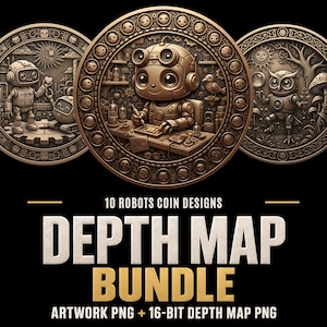 Könnte beinhalten: Drei kreisförmige bronzefarbene Münzen mit detaillierten Reliefdarstellungen von Robotern und einer Eule, umrandet von kleinen Gesichtern. Der Text lautet 10 ROBOTS COIN DESIGNS DEPTH MAP BUNDLE ARTWORK PNG + 16-BIT DEPTH MAP PNG auf schwarzem Grund.