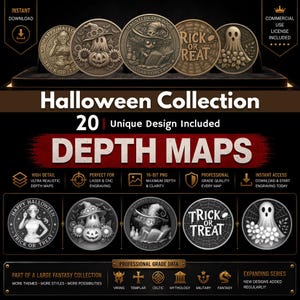 May include: A collection of Halloween-themed depth maps with intricate designs. The image features circular designs with various spooky characters and text, including "Happy Halloween" and "Trick or Treat." The designs are suitable for laser engraving.